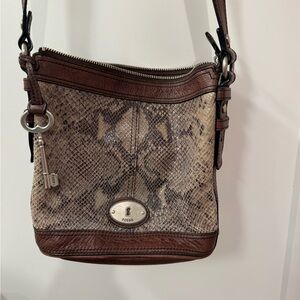 Fossil Snakeskin Pattern Crossbody Bag in Brown and Tan